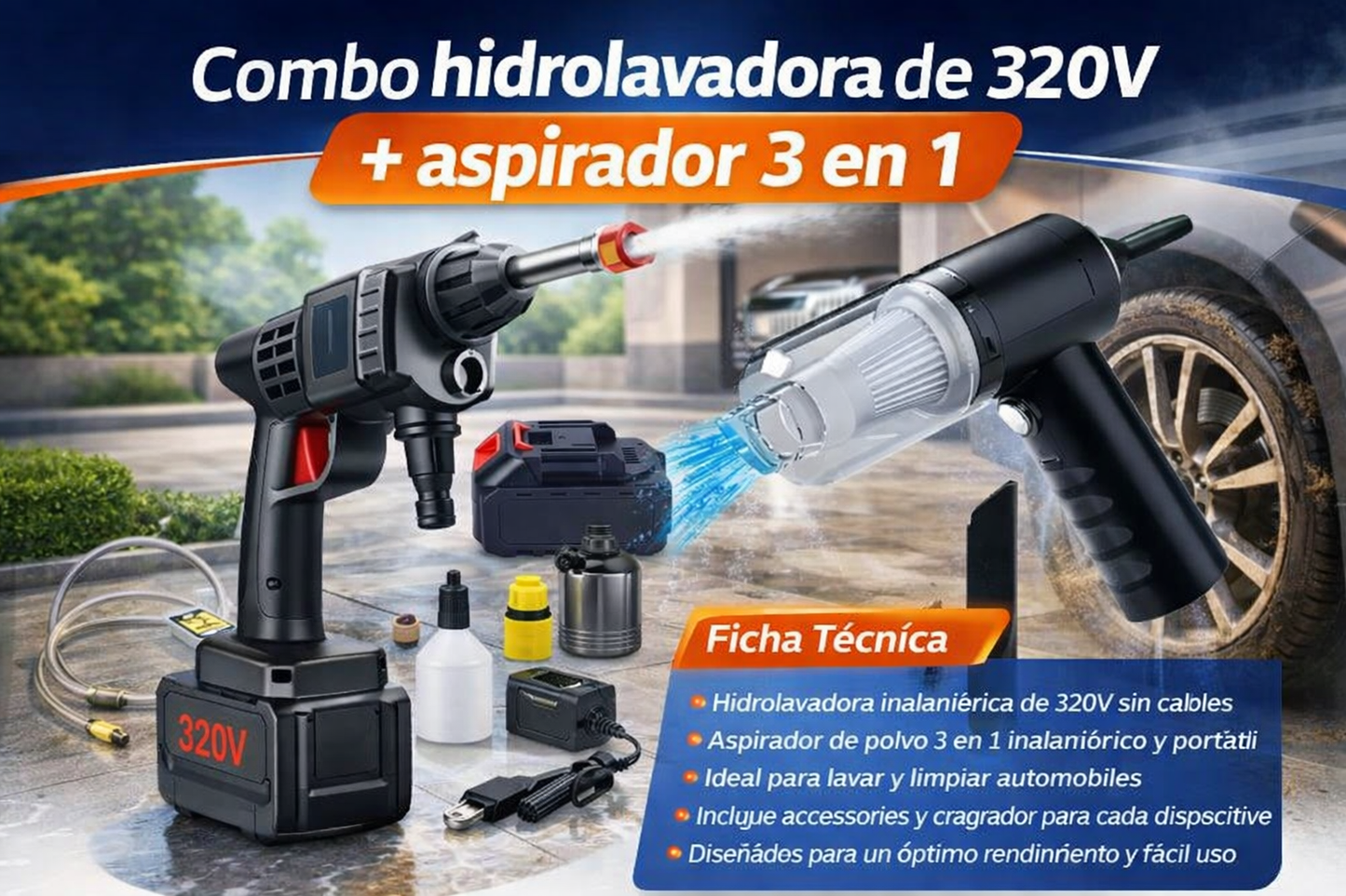 Combo Hidrolavadora Inalámbrica 320V + Aspiradora Portátil 3 en 1