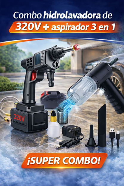 Combo Hidrolavadora Inalámbrica 320V + Aspiradora Portátil 3 en 1